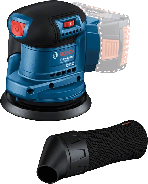 Bosch 185-LI 隨機軌道砂光機，附除塵過濾器。
