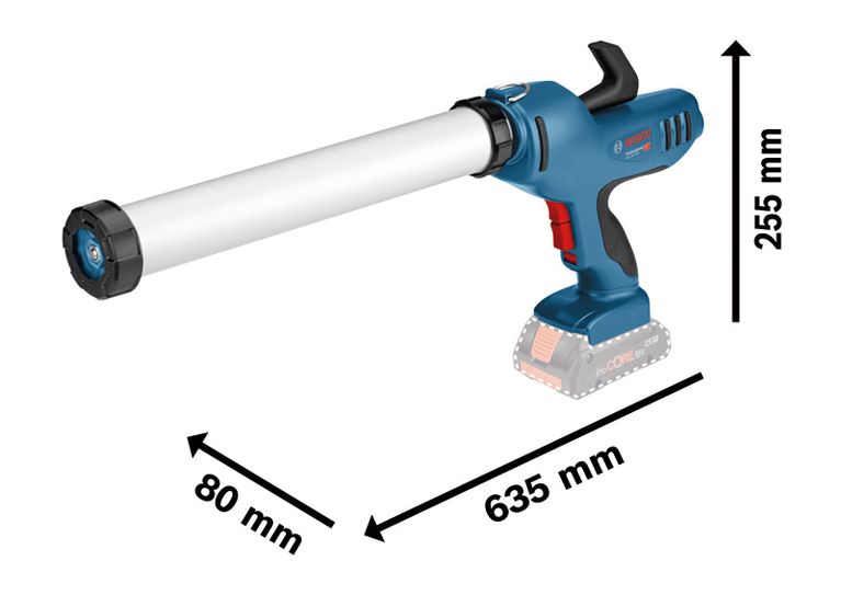 Bosch GCG 18V-600 cordless caulking gun with dimensions.