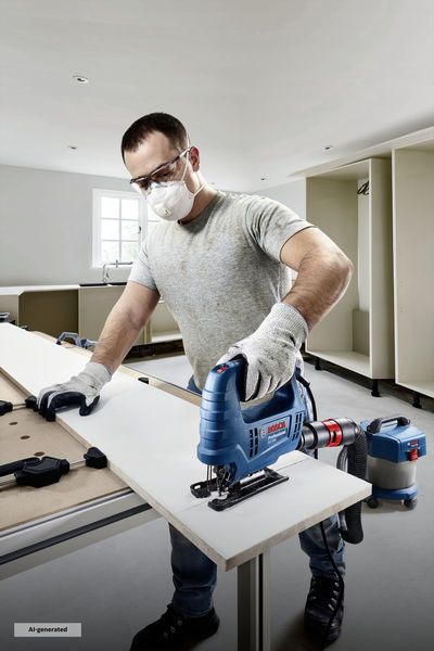A person wearing safety equipment cuts a wooden board with a jigsaw in a workshop.