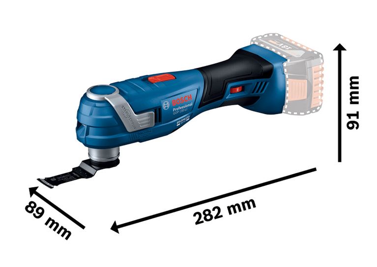 Bosch 185-LI 無線多功能工具，附尺寸說明。