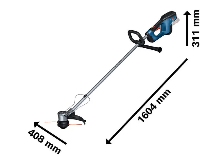 Bosch 18V-33 無線草坪修剪機，尺寸如圖所示。.
