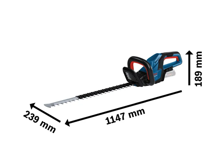 Bosch 18V-60 無線樹籬修剪機，尺寸如下。.