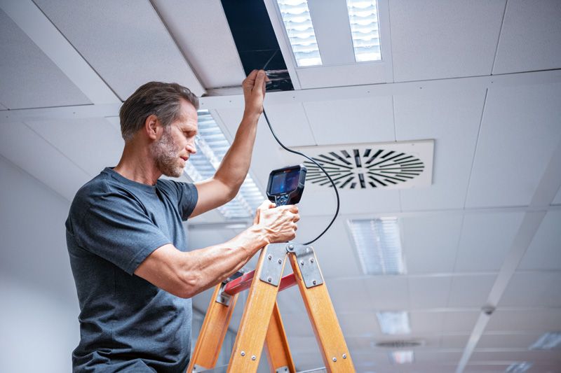 Person on a ladder inspects a ceiling with an inspection camera.