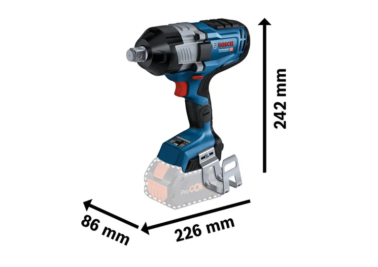 Bosch GDS 18V-1600 HC cordless impact wrench with dimensions.