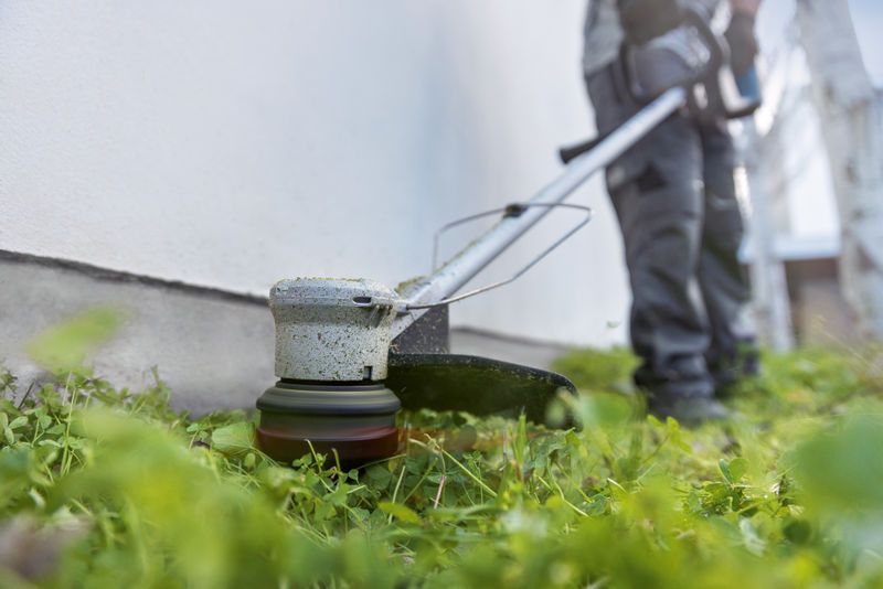 一名配戴安全設備的人員正在使用無線割草機沿牆修剪草坪。.