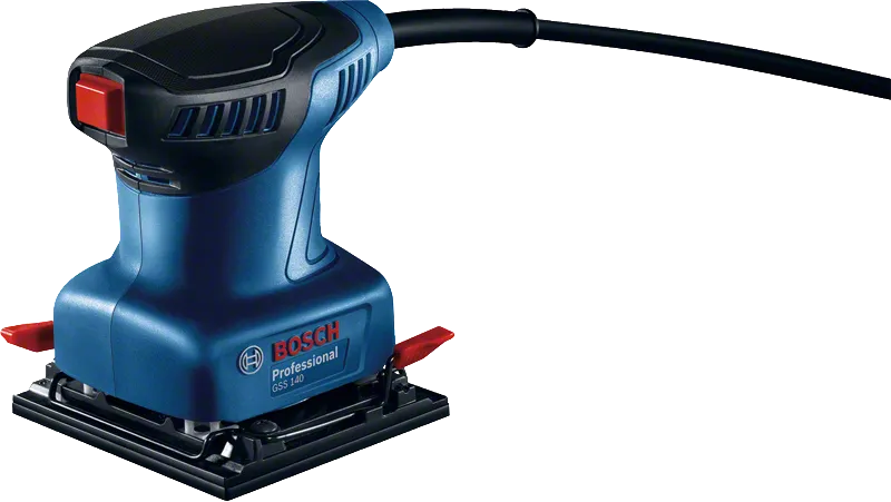 Bosch 140 軌道砂光機，配有符合人體工學的握把。.