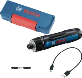 Bosch Go 3 cordless screwdriver with case and USB cable.