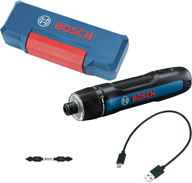 Bosch Go 3 cordless screwdriver with case and USB cable.
