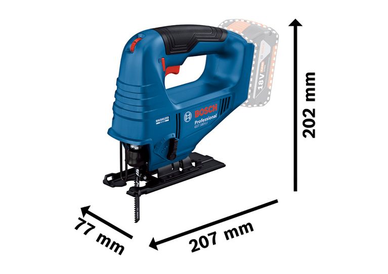 Bosch GST 183-LI cordless jigsaw with dimensions.