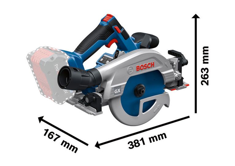 Bosch 18V-57-2 GX 無線圓鋸，尺寸如下。.