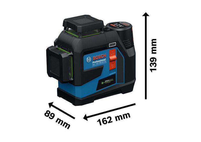 Bosch 12V-100-33 CG 雷射水平儀，附尺寸標註。