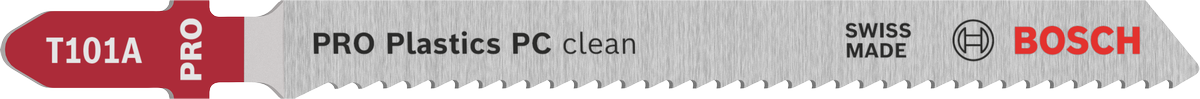 Bosch PRO Plastics PC clean T101A 曲線鋸刀片，可實現乾淨的切割。.