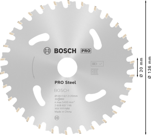 PRO Steel 充電式鋼材圓鋸片,136 x 1.6 x 20 mm BoschPRO Steel 無線圓鋸片 136 mm。.