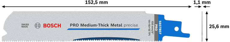 PRO Medium-Thick Metal precise S937BEF 軍刀鋸片,1.1 x 25 x 150 mm,5 件組 Bosch PRO 中厚金屬精密 S937BEF 刀片,150 毫米。.