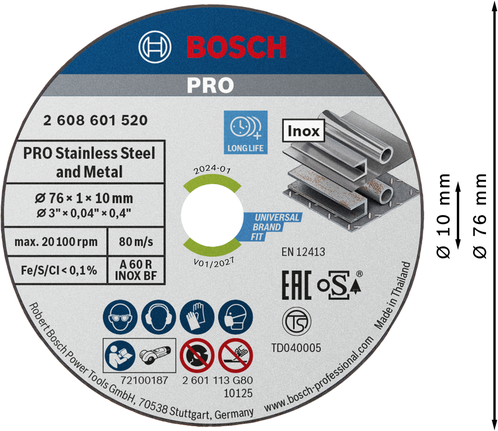PRO Stainless Steel and Metal 接合切削砂輪片,76 x 1 x 10 mm Bosch PRO 不銹鋼和金屬 76 毫米切割盤。.