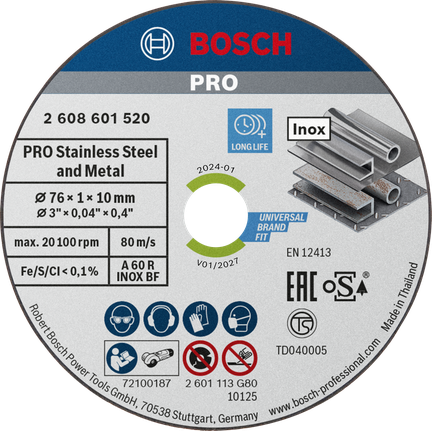 PRO Stainless Steel and Metal 接合切削砂輪片,76 x 1 x 10 mm Bosch PRO 不鏽鋼和金屬切割片 76x1x10 毫米。.