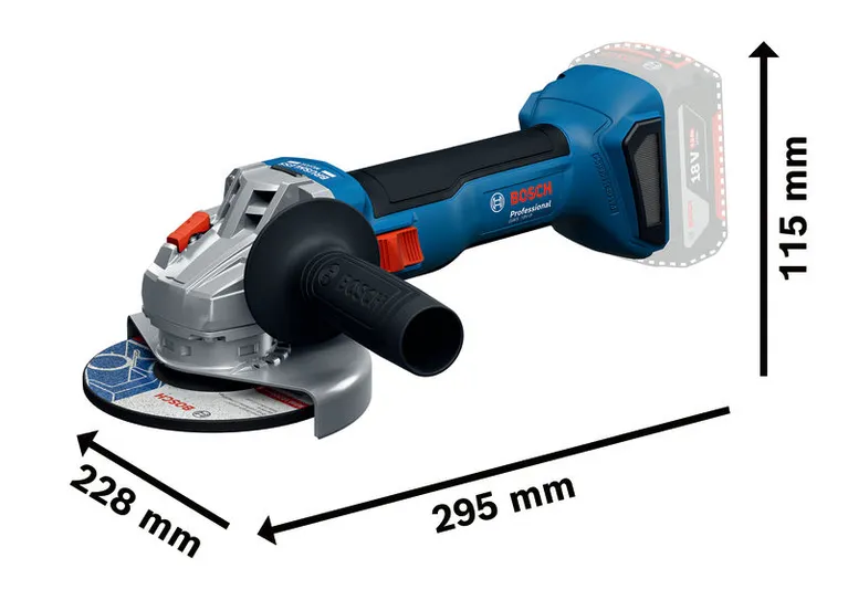 BoschGWS 18V-8 無線角磨機，尺寸如下。.