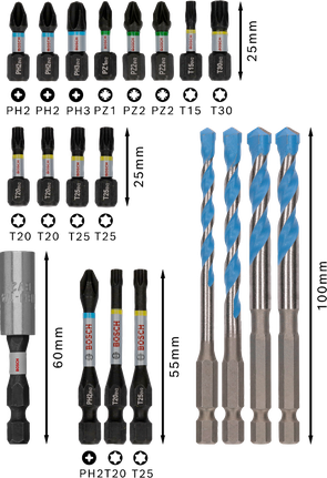 PRO Impact 抗衝擊混合套裝,20 件 Bosch PRO Impact 混合套裝 20 件,包含螺絲起子頭和鑽頭。.