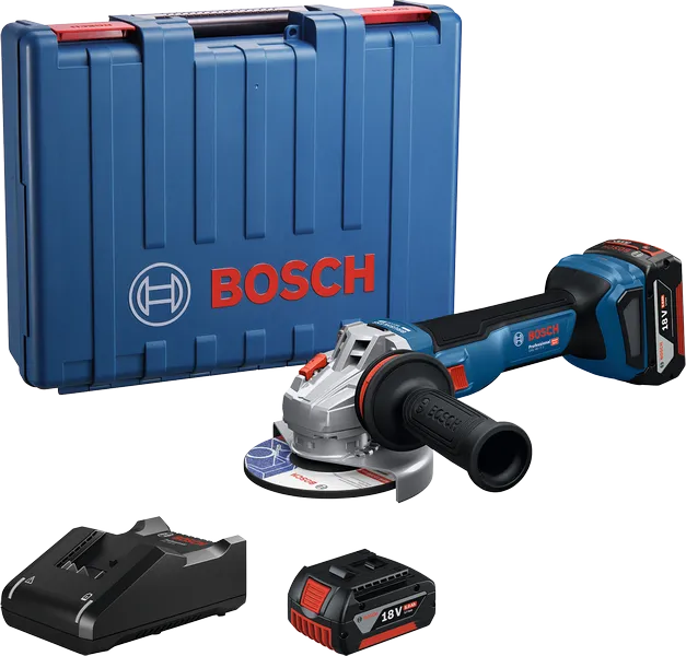 Bosch 18V-11 角磨機配有外殼、電池和充電器。.