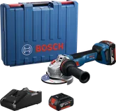 Bosch 18V-11 角磨機配有外殼、電池和充電器。.