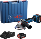 Bosch 18V-11 角磨機配有外殼、電池和充電器。