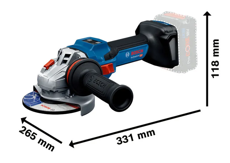Bosch 18V-15 S 無線角磨機，附側把手。.
