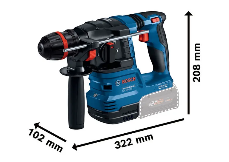 BoschGBH 18V-22 X 旋轉錘鑽，尺寸規格。.