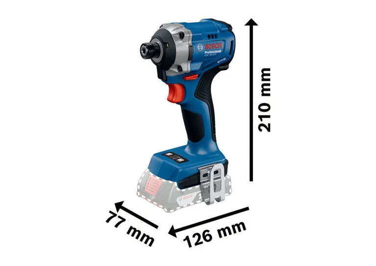 Bosch 18V-215 衝擊起子，配有長鑽頭支架和尺寸。.