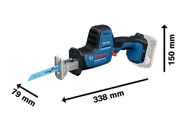 Bosch 18V-24 往復鋸，尺寸如圖所示。.