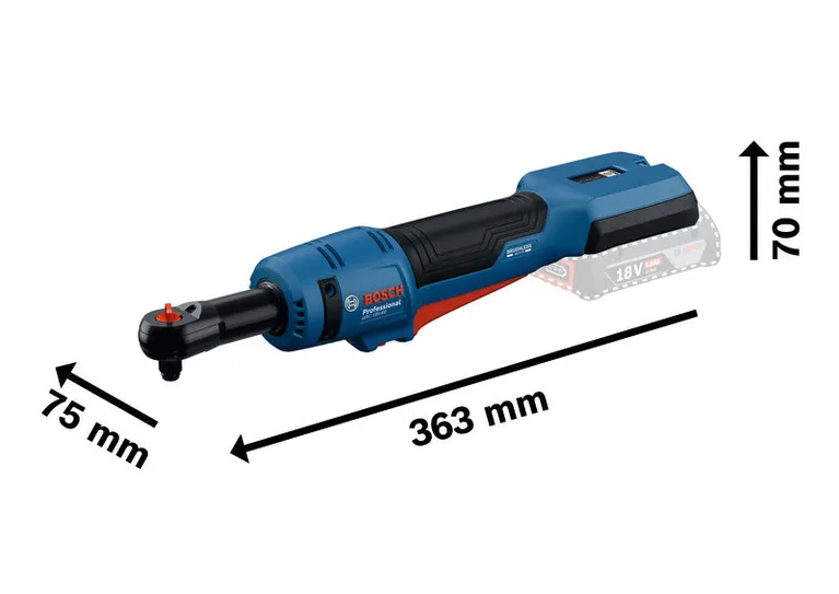 圖中所示為BoschGRC 18V-60 無線棘輪扳手的尺寸。