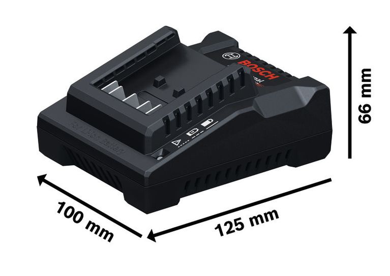 Bosch 18V-20 電池充電器及其尺寸。