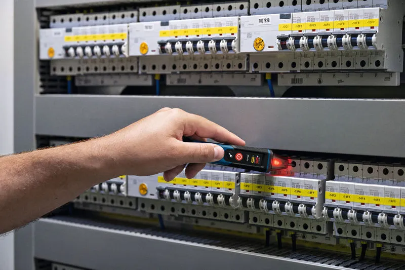 人員使用非接觸式電壓測試儀測試電氣面板。.