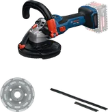 Bosch GBR 18V-15 S cordless concrete grinder with accessories.
