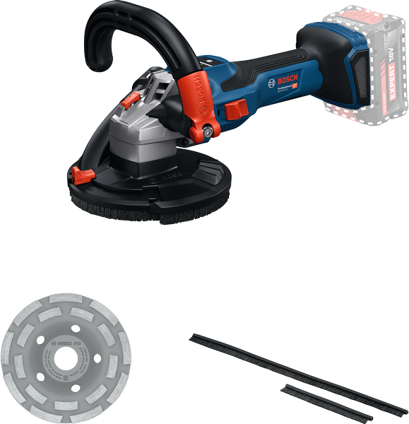 Bosch GBR 18V-15 S cordless concrete grinder with accessories.