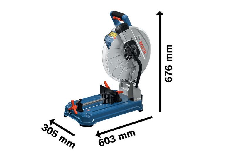 Bosch GCD 18V-355 metal cut-off saw with dimensions shown.