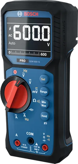 Bosch 600-15 數位萬用電錶顯示 600 伏特。