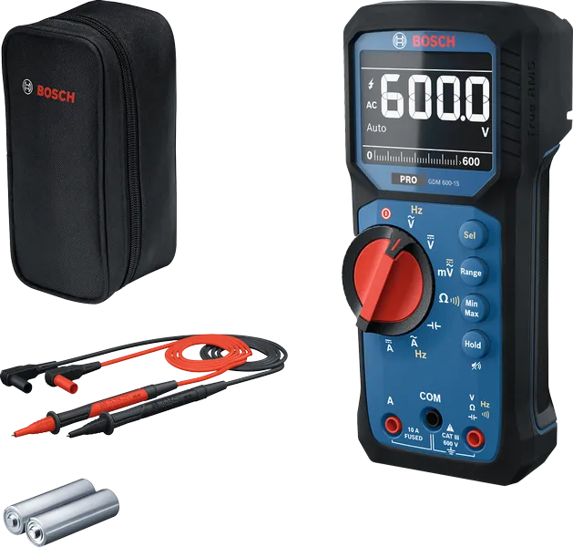 Bosch GDM 600-15 digital multimeter with probes and case.