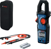 Bosch digital clamp meter kit with leads, case, and AA batteries.