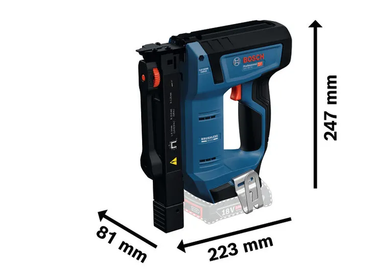 Bosch 18V-14 無線平冠訂書機，尺寸規格。