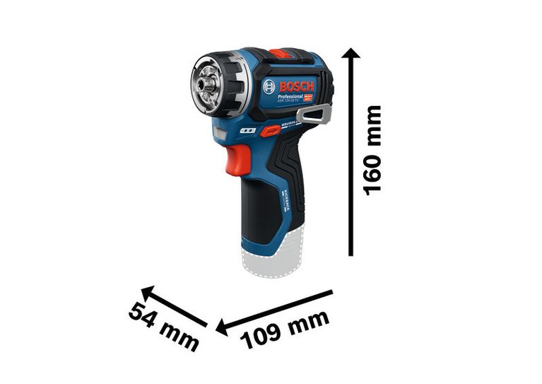 BoschGSR 12V-35 FC 無線電鑽/起子機，附尺寸說明。