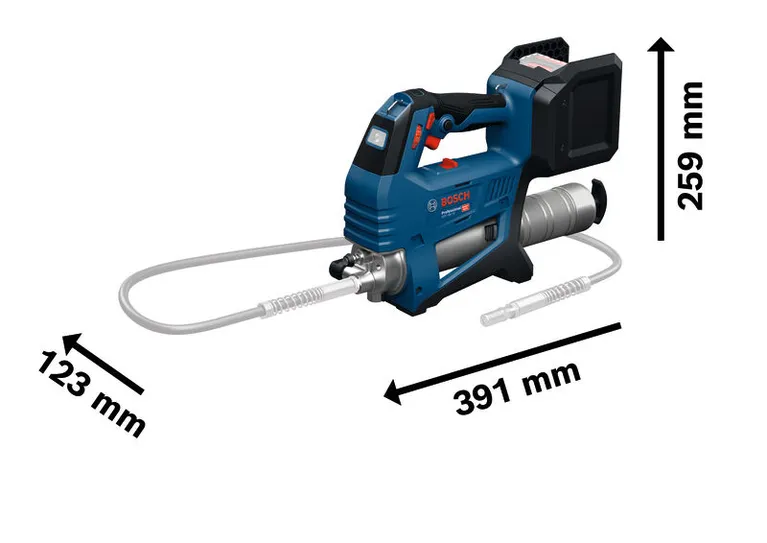 Bosch 18V-10 無線奶油槍，尺寸如圖所示。.