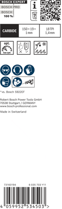 EXPERT ‘Thin Tough Metal’ S 922 EHM 軍刀鋸 1 件式 Bosch EXPERT Thin Tough Metal S 922 EHM 往復鋸片。.