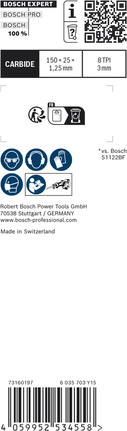 Bosch EXPERT 厚實金屬 S 955 CHC 往復鋸片 150 毫米 8TPI。.