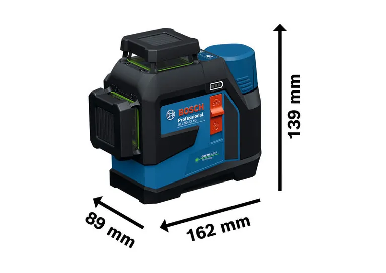 Bosch 90-33 XG 雷射水平儀，尺寸如圖所示。