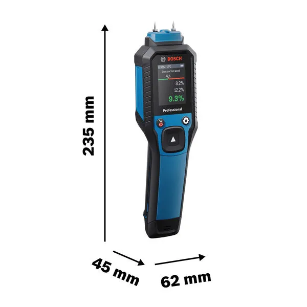 BoschGMP 2-15 材質濕度計及其尺寸。.