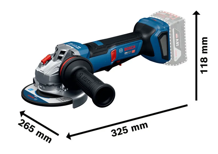 Bosch GWS18V-11PS angle grinder with dimensions shown.