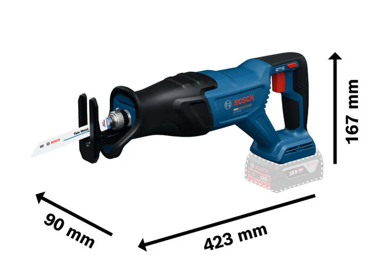BoschGSA18V-280 無線往復鋸，長度 423 mm。