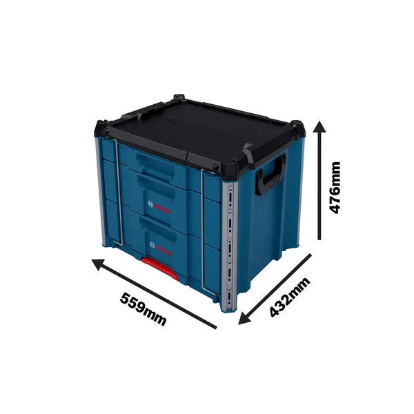 Bosch L-BOXX Contractor Drawer 3 carrying case with dimensions shown.