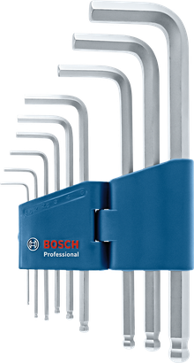 一組L型六角扳手，裝在一個藍色的扳手套裡。