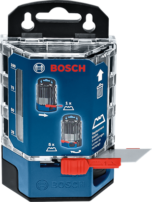 刀片分配器，帶有一個紅色滑塊，顯示已伸出可供使用的單片多用途刀片。